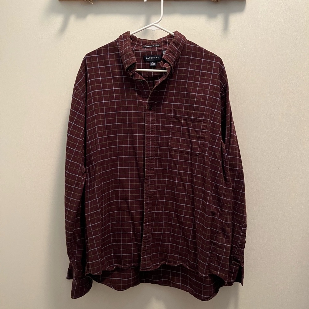 Land’s End Men’s Flannel Shirt – XL – Burgundy Windowpane Plaid – Soft Cotton